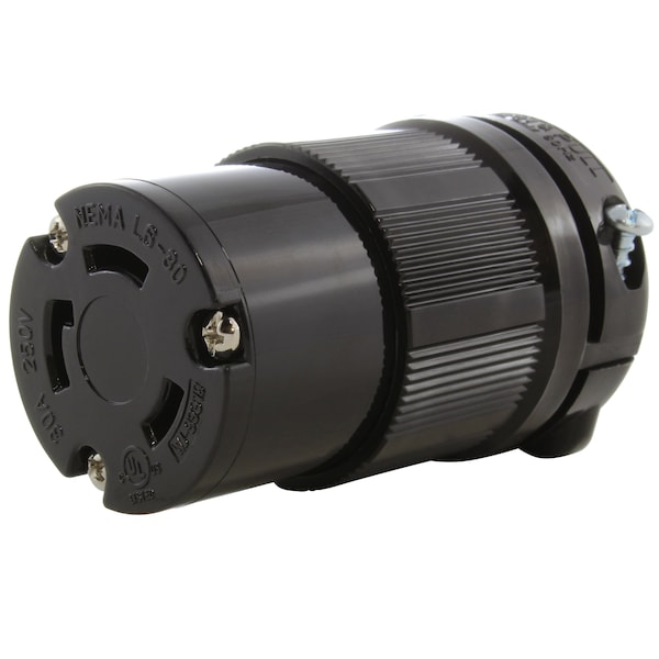 Locking Connector, L6-30R, 30 A, 250V AC, Single Phase, Screw Terminals, Black